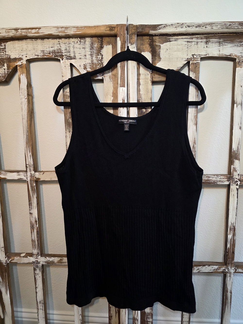 Adrienne Landau Onyx Black Ribbed V Neck Tank Top XL